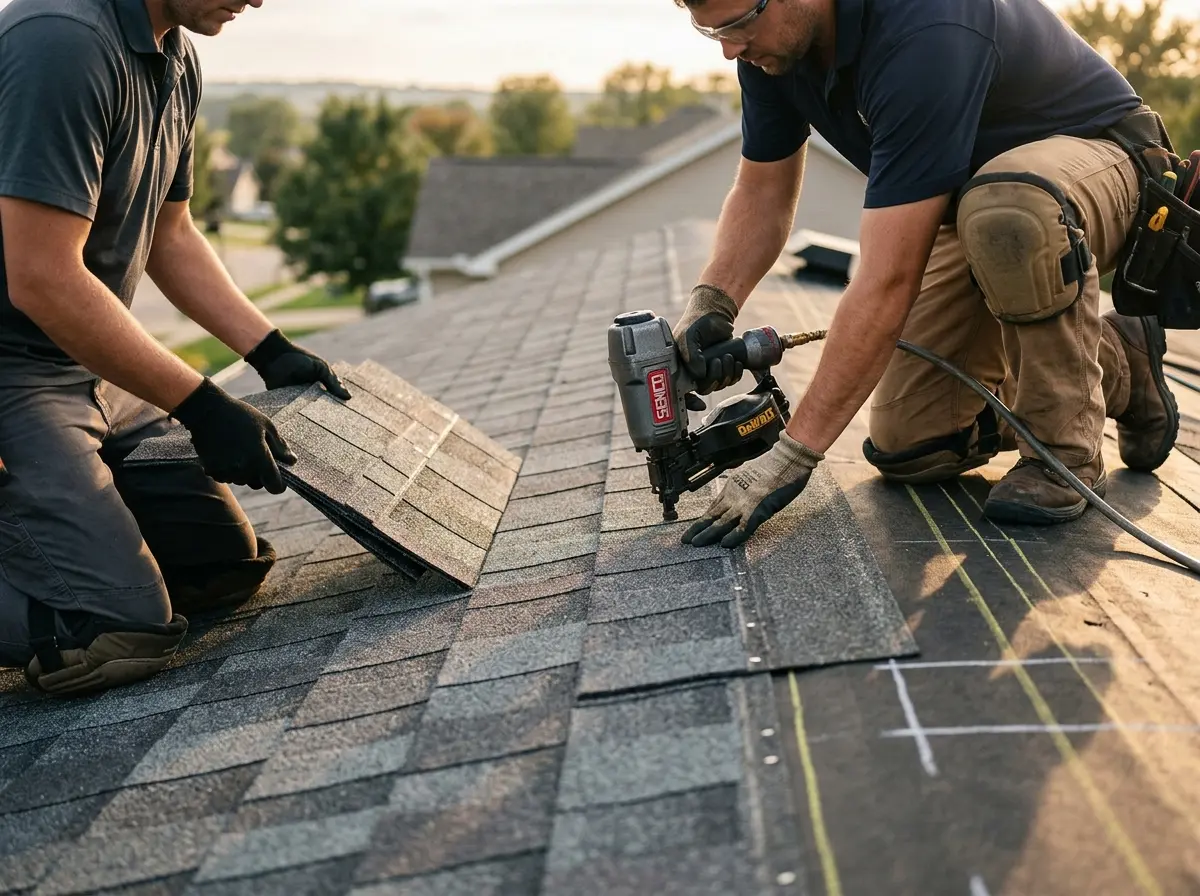Professional roofer working on a residential roof in Maine